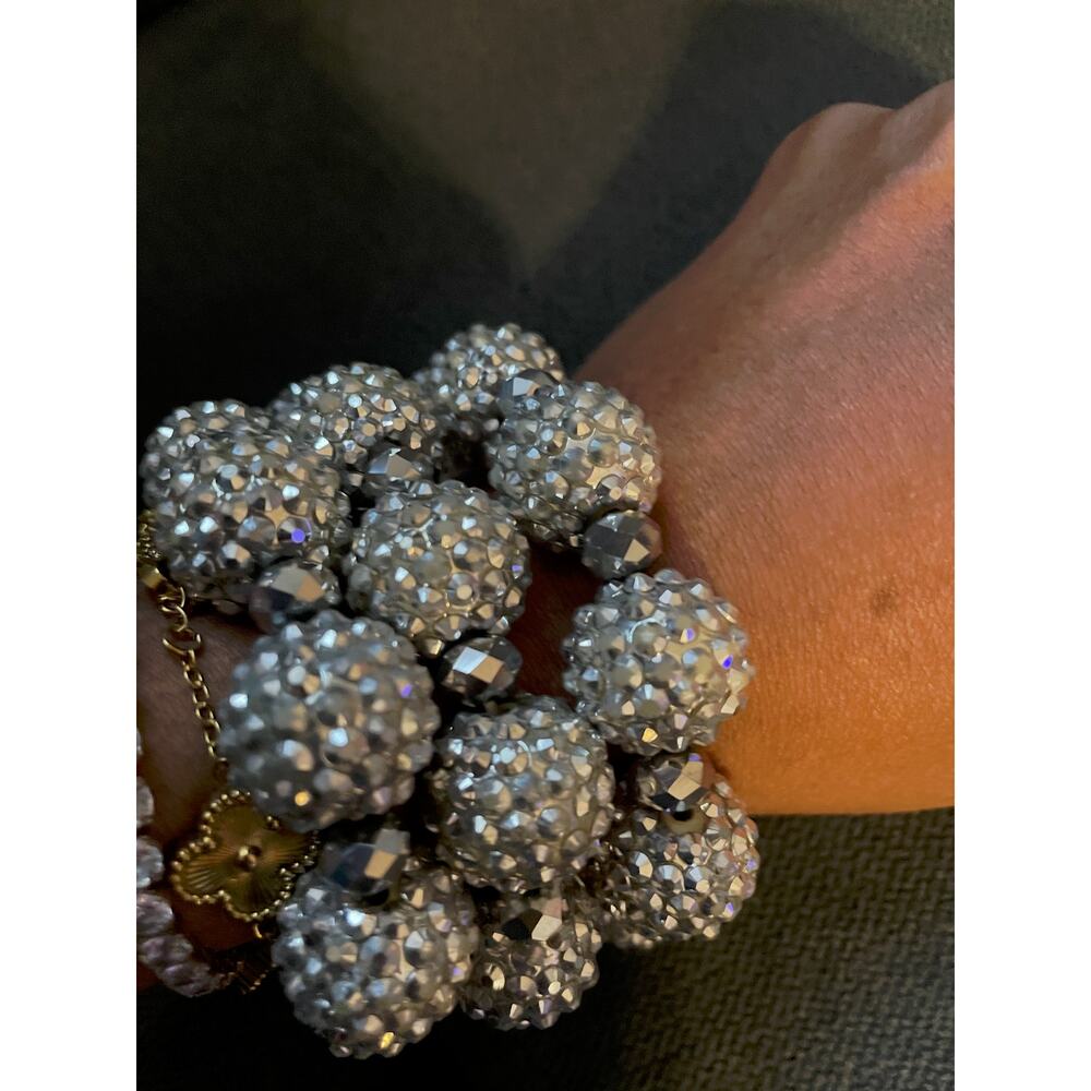 Set of 3 Silver Clear Rhinestone Pave Ball Stretch Bracelets - Picture 5 of 5